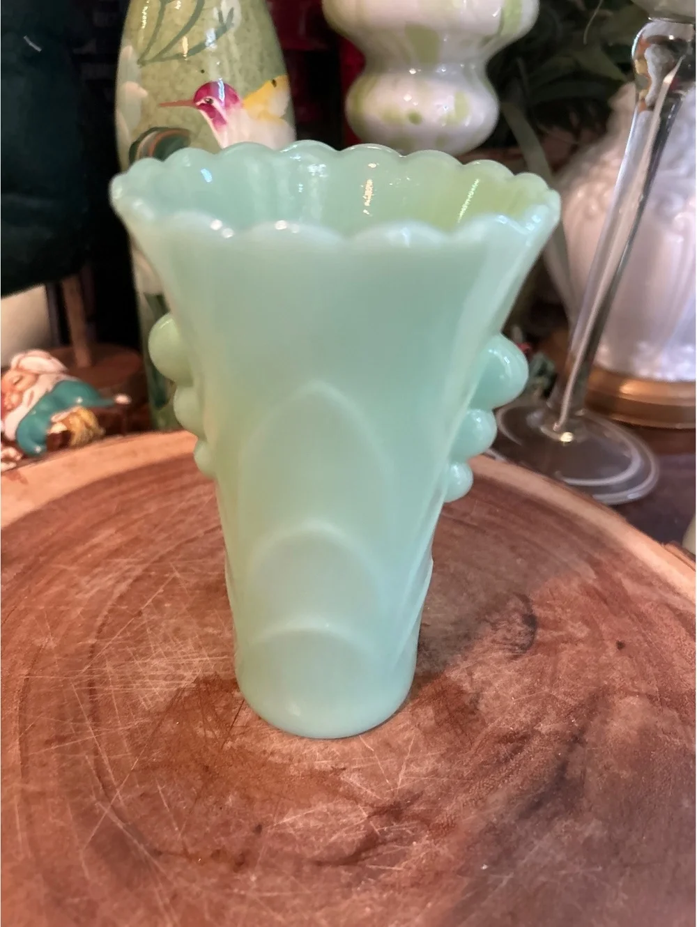 Vintage jadeite Glass Table Vase with Scalloped Rim and Bubble Detailing